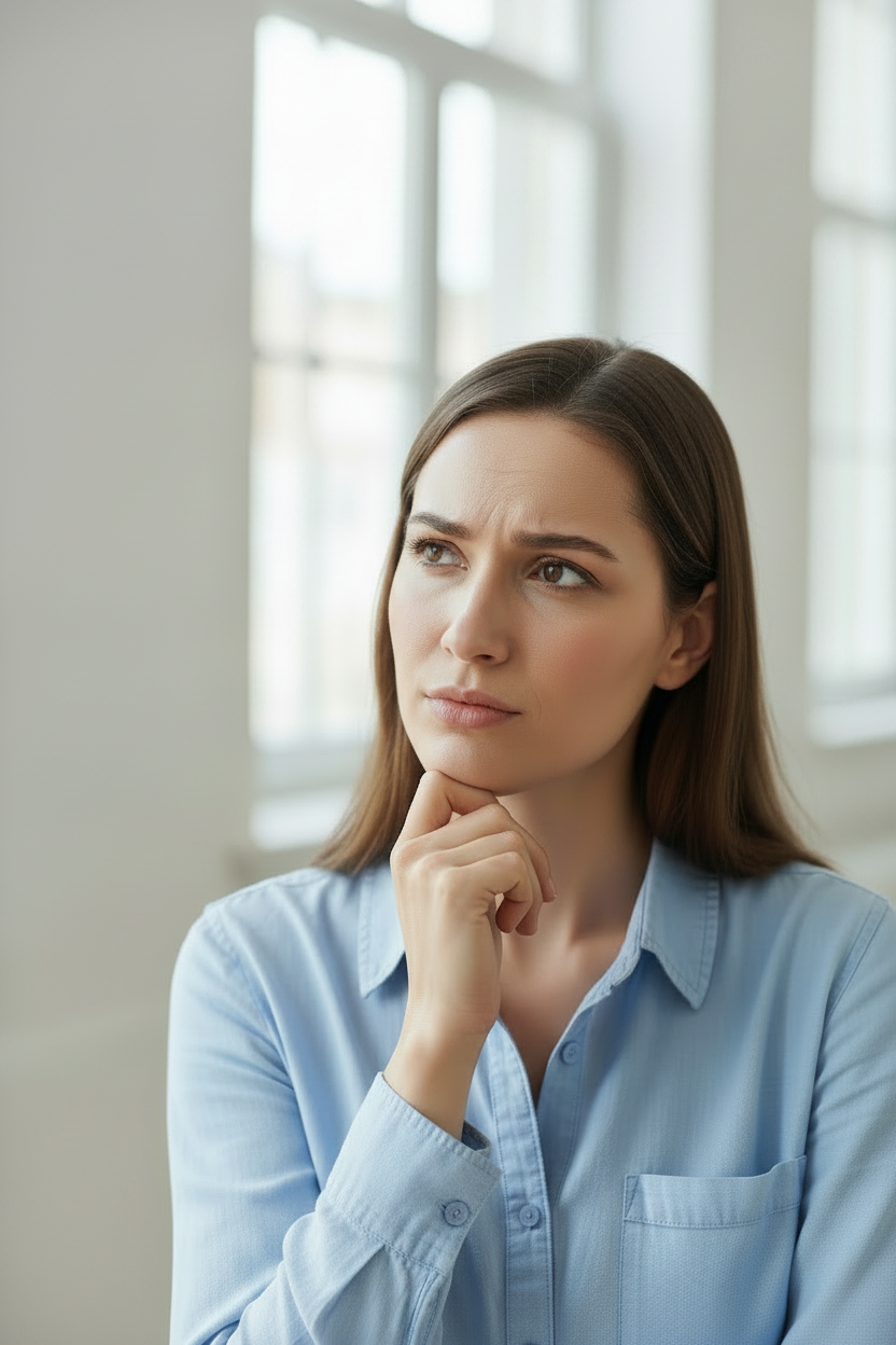 Woman in a light blue shirt with a thoughtful expression indoors.