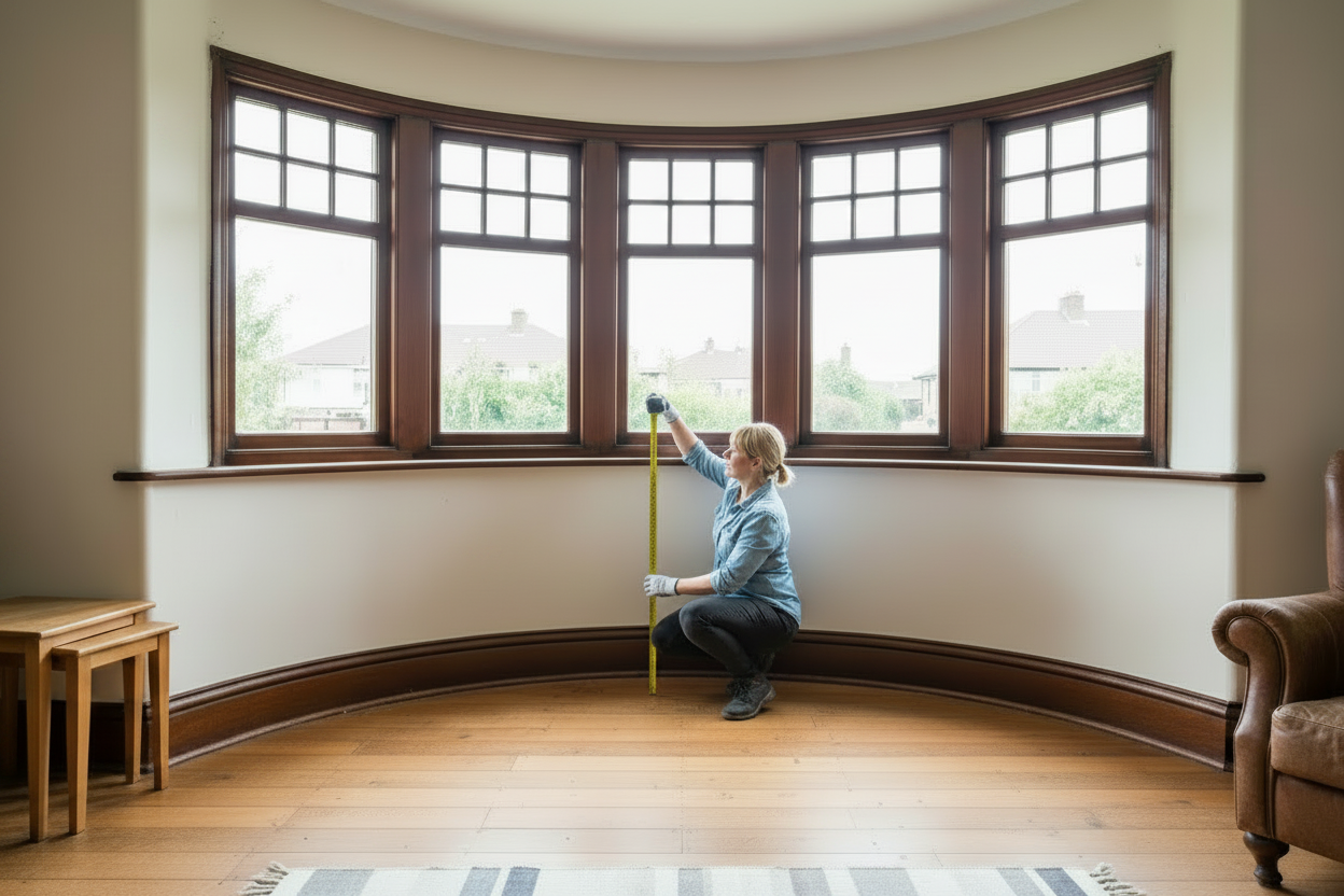 Woman measuring floor to window sill with right hand on ledge in a 1930s curved bay